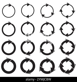 Pfeilkreis festgelegt. Sammlung drehender Pfeile. Kreisförmige Schleifensymbole. Vektorformen-Paket. Stock Vektor