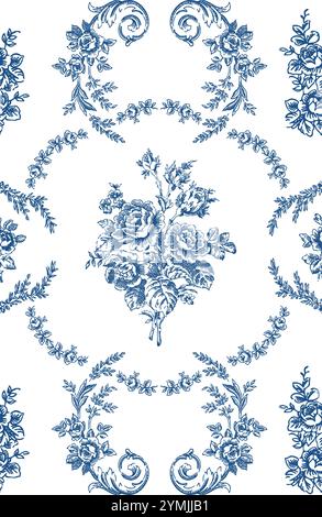 Toile de Jouy Muster Vector florales nahtloses antikes Muster mit großen Pfingstrosen und Blättern Stock Vektor