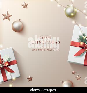 Realistische Vektordarstellung. Weihnachtliches Banner. Festliches Banner mit Geschenkboxen mit Bändern und Lichtern mit dekorativen Kugeln. Stock Vektor