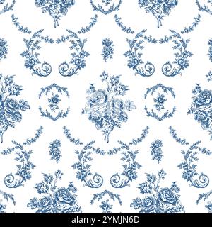 Nahtloses, antikes blumenmuster mit großen Pfingstrosen und Blättern in blauer Farbe. Stock Vektor