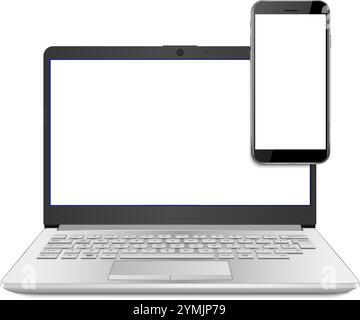 Realistische Illustration, ui ux-App und Website-Präsentation. Laptop- und Smartphone-Modell Vorderansicht isoliert auf weißem Hintergrund. Stock Vektor
