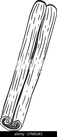 Künstlerische Illustration von mehreren Zimtstäbchen, die ihre einzigartigen, natürlichen Spiralenden kunstvoll darstellen. Handgezeichnete Vektor-Schwarzweiß-Grafiken in Strichgrafik für gedruckte Materialien, Innenräume und vieles mehr. Stock Vektor