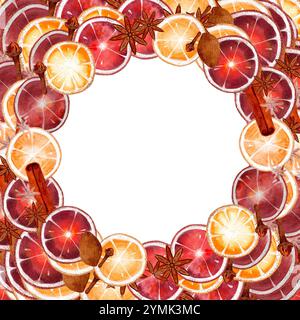 Zitrusscheiben, wunderschön eingerahmt mit ausgewählten Gewürzen, perfekt für festliche Designs und fröhliche Weihnachtsmotive. Isoliertes Objekt auf weißem Hintergrund für verschiedene Designs und Druckvorgänge. Aquarellabbildung. Stockfoto