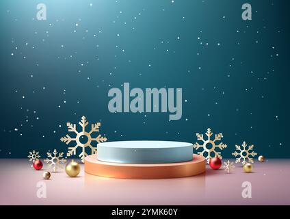 Festliche Weihnachtsszene mit zweistufigem 3D-Podium mit goldenen Schneeflocken, roten und goldenen Ornamenten vor einem schneeblauen Hintergrund. Feiertagsdi Stock Vektor