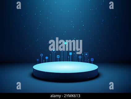 Eine moderne blaue 3D-Bühne mit beleuchteten Schaltungen bietet ein schlankes Technologiekonzept. Perfekt für die Präsentation von Innovationen, digitalen Displays und Zukunftsmusik Stock Vektor