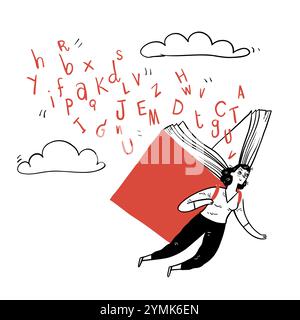 Eine schöne Frau fliegt mit Flügeln aus einem großen Buch, Briefe fallen aus einem Buch. Hand gezeichnet Vektor Illustration Kritzelstil. Stock Vektor