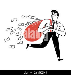 Business Finance-Konzept: Der Geschäftsmann trägt eine große Tasche, die viel Geld überschwemmt. Vektor-Illustration Hand gezeichnet Kritzelstil Stock Vektor