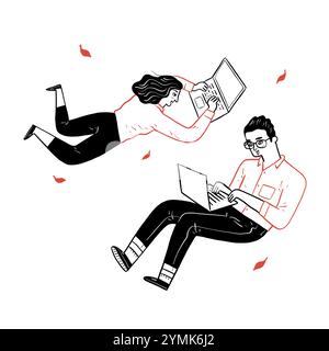 Junge Menschen arbeiten am Laptop und fühlen sich wie in der Luft schweben. Vektor-Illustration Hand gezeichnet Kritzelstil. Stock Vektor