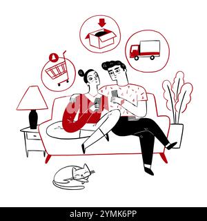 Online-Shopping-Konzept mit Symbolen für Kauf und Lieferung. Konzept des Online-Einzelhandels, Internet-Kauf. Handgezeichnete Vektorgrafik Stock Vektor