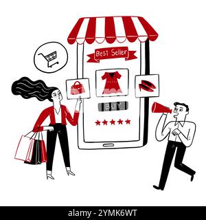 Hübsche Frau, die online mit dem Handy einkauft, ein Mann, der durch Megaphon zu Werbung oder Verkauf ruft. Hand gezeichnet Vektor Illustration Kritzelstil. Stock Vektor