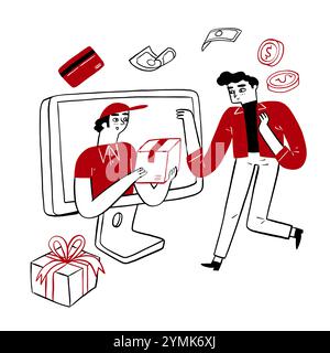 Online-Shopping-Konzept mit Symbolen für Kauf und Lieferung. Konzept des Online-Einzelhandels, Internet-Kauf. Handgezeichnete Vektorgrafik Stock Vektor