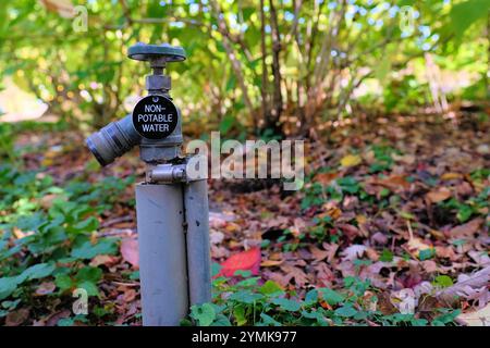 Kennzeichnung „nicht trinkbares Wasser“ auf einem Hahn, der Wasser abgibt, das nicht zum Trinken bestimmt ist; aufbereitetes und wiederverwertetes Wasser, das für den menschlichen Gebrauch nicht sicher ist. Stockfoto