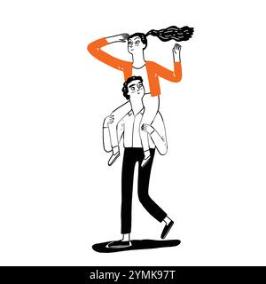 Ein Paar, bei dem die Frau auf den Schultern des jungen Mannes sitzt. Handzeichnung Vektor Illustration Linie Kunst Kritzelstil. Stock Vektor