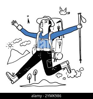 Illustration eines Wandertouristen Wandern, handgezeichnete Illustration Linie Kunst Kritzelstil. Stock Vektor