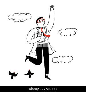 Arzt oder Wissenschaftler fliegen in die Luft. Hand gezeichnet Vektor Illustration Kritzelstil. Stock Vektor