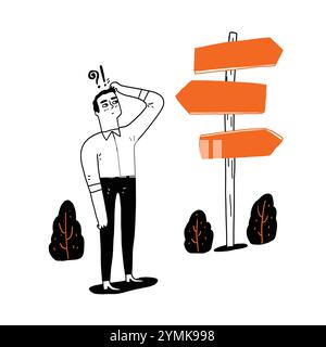 Geschäftsmann, der Straßenschilder betrachtet, Handzeichnung Vektor Illustration Linie Kunst Kritzelstil. Stock Vektor