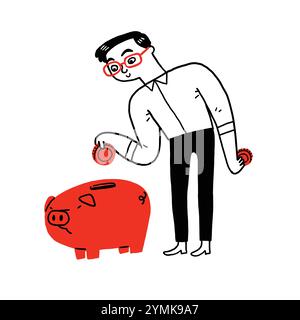 Finanzgeschäft Konzept, junger Mann spart Geld Geld in eine Schweinebank, Hand gezeichnete Vektor Illustration Kritzelstil. Stock Vektor