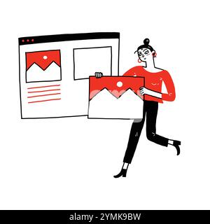 Hand gezeichnet Vektor Illustration Kritzelstil. Junge Frau, die an einer Website oder Anwendung arbeitet, ui ux Design und Programmierung. Design-Profi Stock Vektor