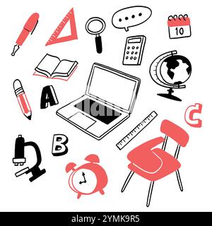 Schulzubehör mit Laptop. Handzeichnung Vektor Illustration Kritzelstil. Stock Vektor