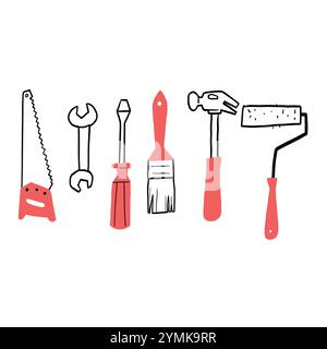 Die Abbildung zeigt sechs Handwerkzeuge, die häufig in verschiedenen Heimwerkerprojekten und Bauprojekten verwendet werden. Handzeichnung Illustration Vektor Kritzelstil. Stock Vektor