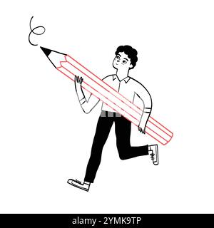 Ein junger Mann, der einen großen Bleistift hält. Hand gezeichnete Doodle Vektor-Illustration. Stock Vektor