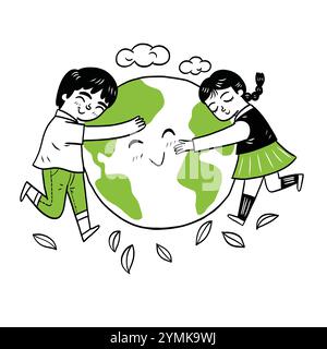 Kinder umarmen die Erde: Gesunde Umwelt-Erhaltung Illustration für Kinder. Handgezeichnetes Kritzelchen, Vektorillustration. Stock Vektor