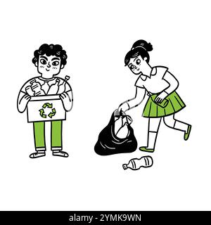 Recycling und Reinigung von Kindern: Umweltfreundliche Illustration für Umweltbewusstsein. Handgezeichnetes Kritzelchen, Vektorillustration. Stock Vektor