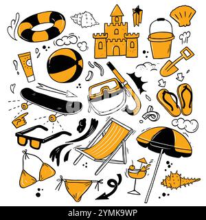 Beach Fun and Relaxation Icons - Summer Vacation Essentials illustriert, handgezeichneter Vektor-Doodle-Stil. Stock Vektor