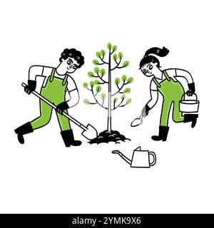 Kinder, die Bäume Pflanzen: Illustration zum Umweltschutz für die Kindererziehung. Handgezeichnete Kritzeleien, Vektorillustration. Stock Vektor