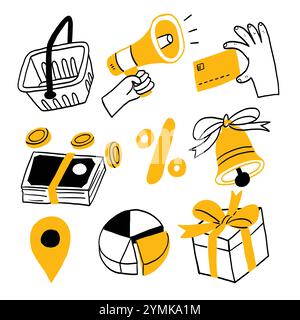 Handgezeichnete Illustration, Doodle-Illustrationen von Geschenkschachteln, Geschäfts- oder Finanzsymbole. Cartoon Kritzelei Hand gezeichnetes Muster, Linie Kunst Vektor Illustration. Stock Vektor