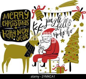 Kritzeln Sie die Symbole der Weihnachtszeit und Vintage-Grafikelemente. Effekt auf dem Schwarzen Brett. Stock Vektor