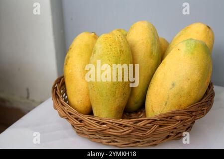 Dasheri Mango, Sorte der Mango (Mangifera indica), ausgestellt. Stockfoto