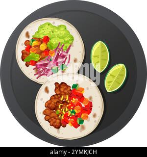 Zwei Tacos mit Limettenkeilen auf einem Teller Stock Vektor