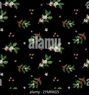 Rote reife Beeren an den Zweigen. Kaffeebaum. Nahtloses Muster. Aquarellabbildung. Weiße Blüten und grüne Blätter auf Zweigen, gerösteter Kaffee b Stockfoto