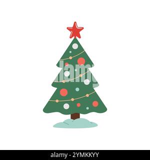 Weihnachtsbaum mit rotem Stern. Farbenfroh dekorierte Kiefer. Vektorillustration isoliert auf weiß. Modernes flaches Design. Retro-Style mit Doodle Stock Vektor