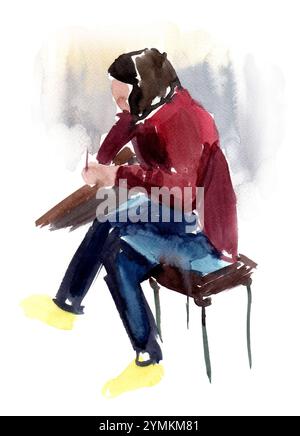 Abstrakte Aquarellskizze eines Mädchens im Profil. Auf dem Stuhl sitzen. Die Beine sind überkreuzt. Etwas in ihren Händen zu halten, zu schreiben. Pullover Magenta, blaue Hose Stockfoto