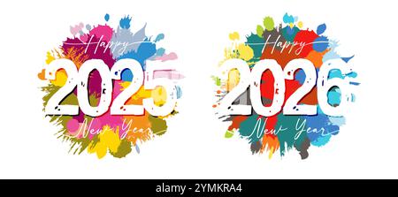 Set aus trendigen, handgezeichneten runden Symbolen für Neujahr 2025 und 2026. Kunst-Bannerdesign. Festliches Konzept. Aquarellvorlage Stock Vektor