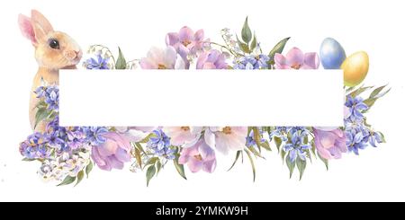 Aquarellvorlage mit kleinen pfirsichfarbenen Kaninchen sitzt in den Frühlingsblumen. Osterhase und Krokusse, Schneeglöckchen. Vorlage für Konstruktionen Stockfoto