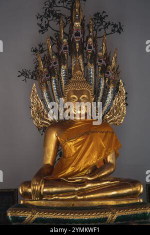 Die Naga, die den Buddha während der Meditation schützt, ist bekannt als Mucilanda. Er schützte Buddha vor den Elementen wie Sturm und Regen nach seiner Erleuchtung. Stockfoto