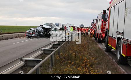 Meerane, Deutschland. November 2024. Rettungskräfte arbeiten am Unfallort auf der Autobahn A4 bei Schmölln (Altenburger Land), als ein Auto über die zentrale Absturzsperre in den Gegenverkehr fuhr. Nach Angaben der Polizei und eines dpa-Reporters am Tatort wurde eine Person getötet. Quelle: Bodo Schackow/dpa/Alamy Live News Stockfoto