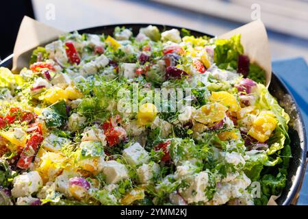 Ein farbenfroher Salat mit einer Vielzahl von Gemüse und einer großzügigen Menge Käse. Der Salat wird in einer schwarzen Schüssel serviert und mit Petersilie garniert Stockfoto