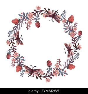 Erdbeeren-, Himbeeren- und Schmetterlingskranz. Handgezeichnete Doodle-Illustration Stockfoto