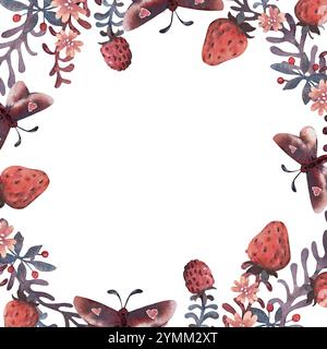 Aquarellrahmen für Erdbeeren, Himbeeren und Schmetterlinge. Handgezeichneter Hintergrund mit Kritzeleien Stockfoto