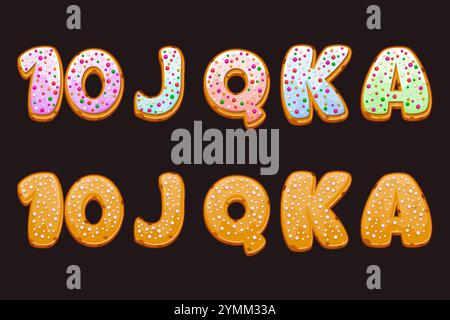 Slot- oder Spielkartensymbole wie Kekse-10,J,Q,K und A. Kekse mit Spielkartensymbolen Formen sich für Ihre Weihnachtsspielautomaten Stock Vektor