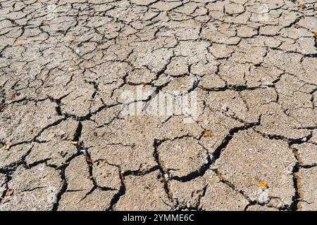 Gerissener Tonboden eines ausgetrockneten Sees (Nahaufnahme). Zur Problematik des Klimawandels, der Dürre und des Austrocknens von Gewässern Stockfoto