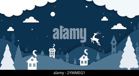 Weihnachtspapier Schnitt Vektor Hintergrund Design. Frohe Weihnachten und frohe Neujahrsgrußtext mit Hirsch, Papier geschnittene Kiefern und Wolken Dekoration Stock Vektor