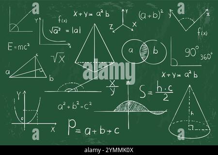 Mathematische Geometrie und Formen auf Tafel Hintergrund. Stellen Sie handgezeichnete Skizzenelemente mit wissenschaftlichen Kritzeleien ein. Theoretische Formel studieren, Berechnungen. Vektorabbildung Stock Vektor