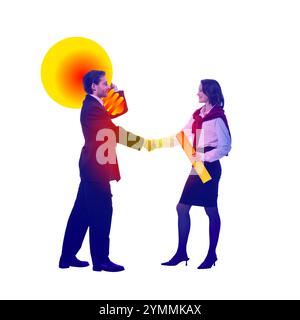 Zeitgenössische Kunstcollage. Handschlag zwischen Frau und Mann unter glühender Glühbirne, symbolisiert Zusammenarbeit und innovative Vereinbarungen. Stockfoto