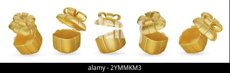 Set aus Geschenkboxen mit realistischem 3D-Rendering. Goldene Geschenkbox mit goldener Schleife und Schleife. Geschenkbox in verschiedenen Winkeln. Vektorabbildung. Stock Vektor