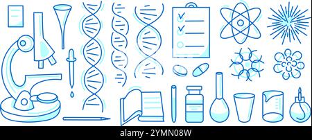 Chemie und Mikrobiologie, dna-Umrissset. Laboruntersuchungen, Mikroskop, Reaktionsröhrchen. Einfache Vektor-Illustrationen isoliert auf weißem Hintergrund Stock Vektor